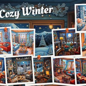 Cozy Winter Living Room Digital Paper: PNG Scrapbook Backgrounds (Download)
