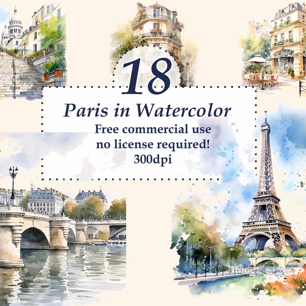 Paris Clip Art. Watercolor Clipart, Summer clipart. Junk Journal bundle. Free commercial use. PNG files. Transparent background.