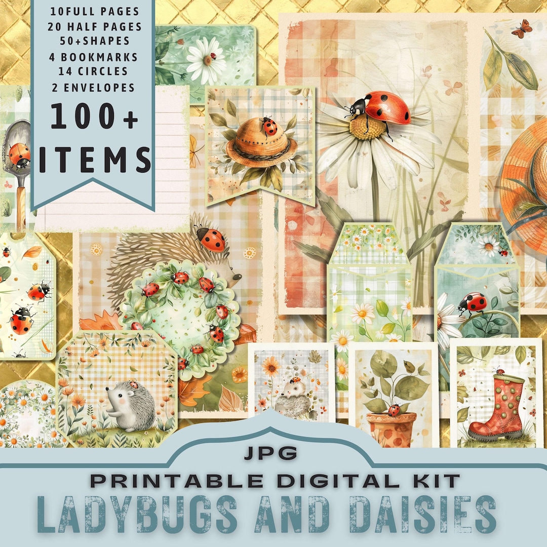 Ladybug Daisy Garden Digital Kit: Shabby Chic Printable (30 JPG Pages ...
