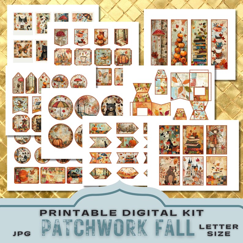 junk journal kit,
premade pages fall,
autumn colors pages,
card making bundle,
collage art journal,
scrapbooking pumpkin,
tags folio bookmark,
mushroom leaves rain,
digital paper kit,
digikit seasonal cat,
whimsy whimsical,
cute journal kit