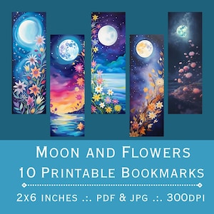Zakładki do druku Moon and Flowers. Pliki PDF i JPEG do druku. 300 dpi. Sublimacja zakładek, zestaw zakładek do druku i cięcia