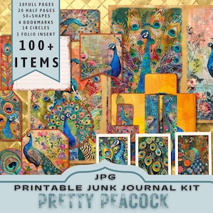 Peacock Junk Journal Kit, pauwenveer, halve pagina's, volledige pagina's, kaarten, tags, folio, plakboekvoorraad, digitals, afdrukbaar. JPG-download