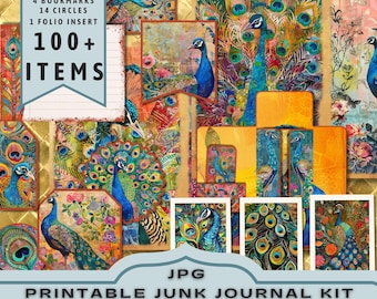 May include: A printable junk journal kit with a peacock theme. The kit includes 10 full pages, 20 half pages, 50+ shapes, 4 bookmarks, 14 circles, and 1 folio insert. The kit is in JPG format and has over 100 items. The image shows a collage of colorful peacock designs.