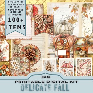 Può includere: Un kit digitale stampabile con oltre 100 elementi a tema autunnale, tra cui pagine intere, mezze pagine, forme, segnalibri, cerchi e buste. Il kit presenta una palette di colori autunnali delicati con immagini di zucche, foglie, fiori e pigne.