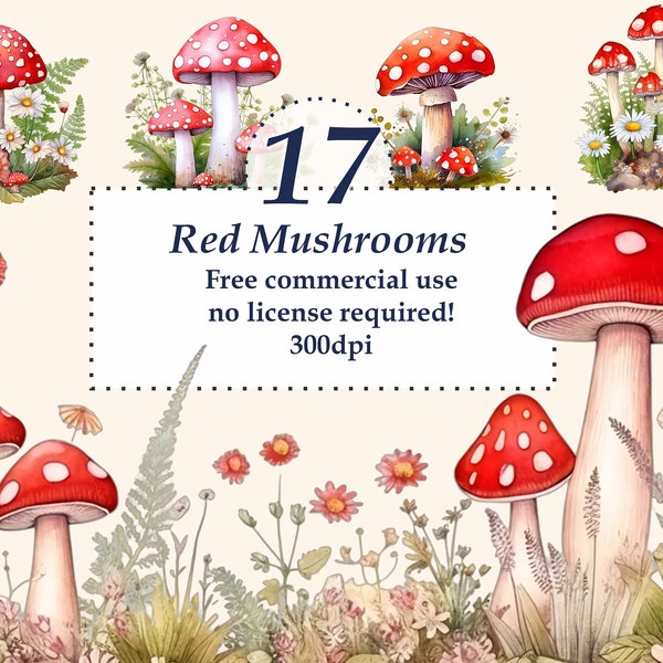 17 Red Mushroom Clip Art and page borders, fly agaric, printable Watercolor png bundle, Free commercial use. transparent background.