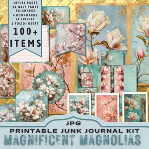 Magnolia Floral Junk Journal Kit, halve pagina's, volledige pagina's, kaarten, tags, folio, plakboekvoorraad, botanisch, digitals, afdrukbaar. JPG-download
