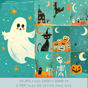 Imágenes de fondo divertidas de Halloween. Moderno de mediados de siglo: fantasma, gato, murciélago, Jack o Lantern, cementerio, casa encantada. Tamaño carta estadounidense 300 ppp JPEG.