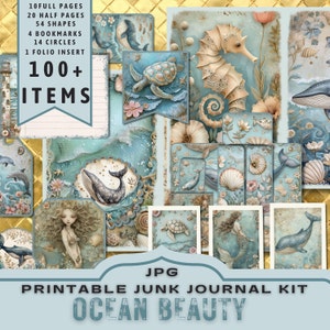 Kit de journal indésirable Ocean Beauty, demi-pages de la mer sirène, pages complètes, cartes, étiquettes, folio, fournitures de scrapbooking, numériques, téléchargement JPG imprimable
