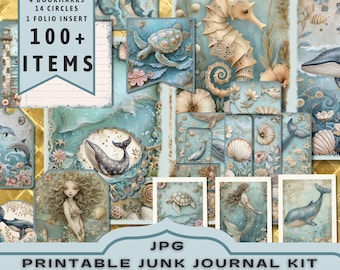 Ocean Beauty Junk Journal Kit, Mermaid Sea Half pages, Full pages, Cards, Tags, Folio, Scrapbook Supply, Digitals, Printable JPG Download