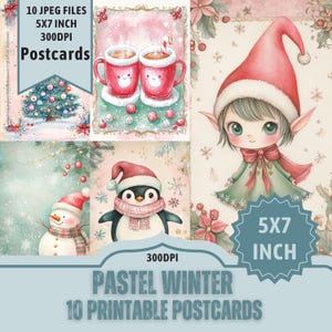 Modèle de carte postale de Noël d'hiver pastel : Modèles de cartes postales de style kawaii. 10 fichiers JPEG 5 x 7 pouces. 300 dpi téléchargement direct sur Etsy.