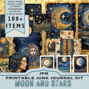 Moon and Stars Junk Journal Kit, halve pagina's, volledige pagina's, kaarten, tags, folio, plakboekvoorraad, ATC, digitals, afdrukbaar. JPG-download