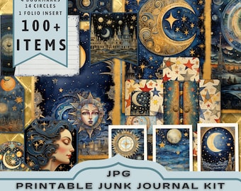 Celestial Moon & Stars Junk Journal Kit Printable Ephemera and Pages (JPG Download)