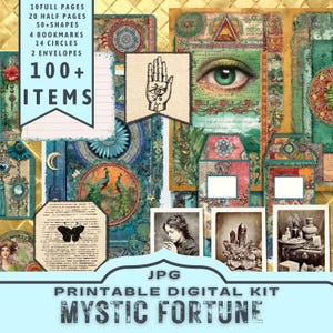 Puede incluir: Un kit digital "Mystic Fortune" con varios elementos efímeros de estilo vintage. El kit incluye páginas completas y medias, formas, marcadores, círculos y sobres. La imagen presenta una mano con un símbolo de ojo, un ojo y fotografías vintage.