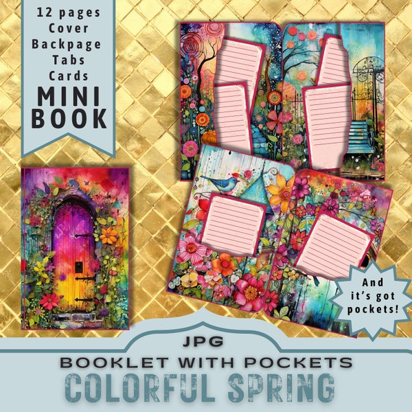 Colorful Spring Printable Booklet with Pockets, Print and Cut Folio insert for Junk Journal, Colorful Springtime Art Journal. JPG Download