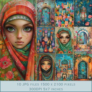 Design de cartão postal Arabian Dream: tema árabe em cores brilhantes e excêntrico. 10 arquivos JPEG de 5 x 7 polegadas. Download direto de 300 dpi no Etsy.