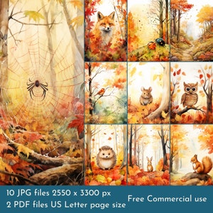 Autumn Animals Junk Journal Pages: Watercolor Fall Scenes (PDF & JPEG)