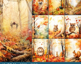 May include: A digital collage of ten watercolour illustrations featuring various woodland animals in an autumn forest setting. The animals include a fox, a spider, a bird, a mouse, an owl, a hedgehog, a rabbit, and a squirrel. The illustrations are set against a backdrop of colourful autumn leaves and trees.