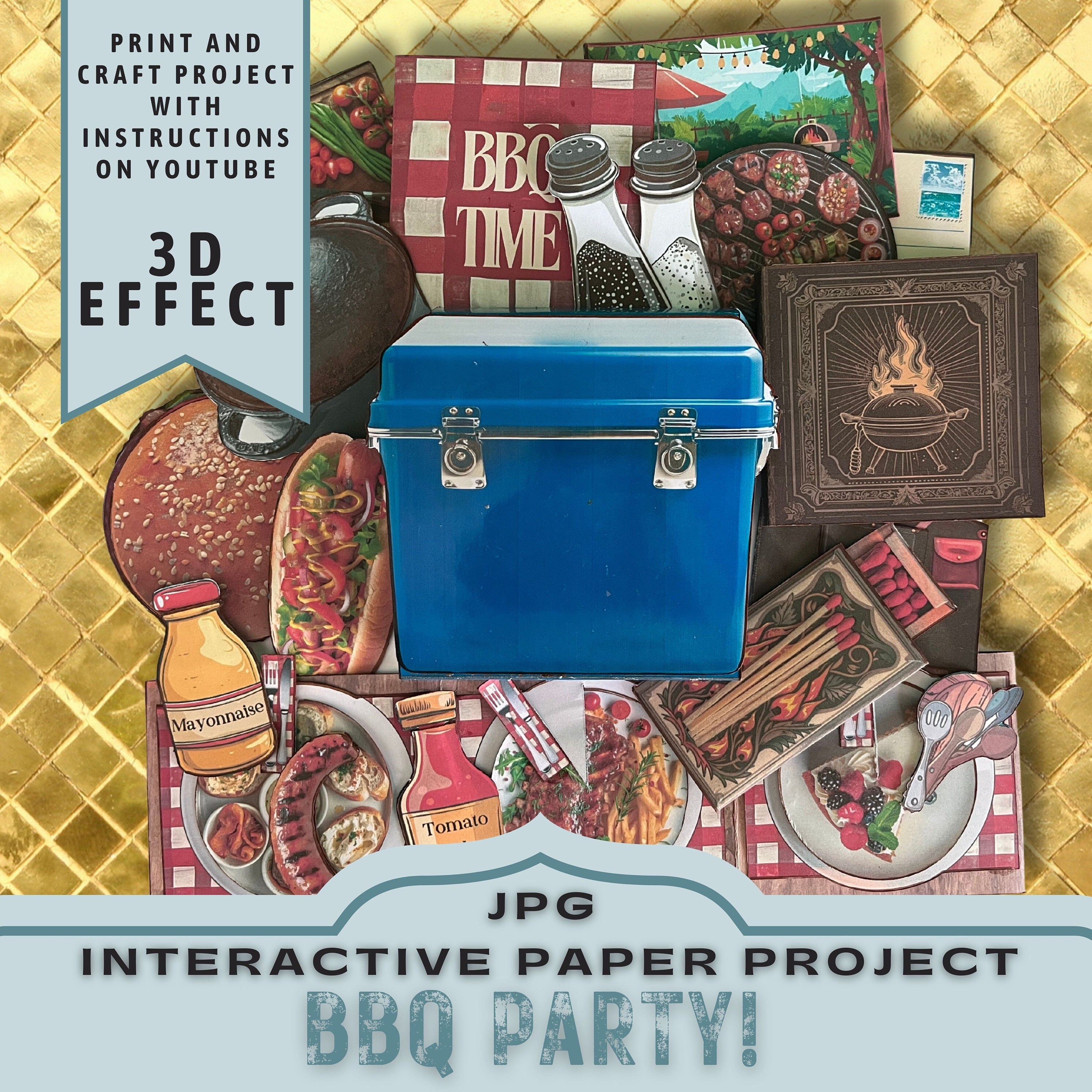 Barbecue Party Interactive Paper Craft Project, Printable. 3D Effect Journal Insert, Digital Folder, Unique Craft Gift, JPG Download