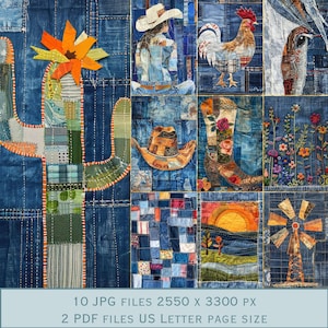 May include: A colourful quilt made from denim fabric with various designs, including a cactus, a cowboy hat, a rooster, a boot, flowers, a sunset, and a windmill. The quilt is made up of 10 JPG files, each measuring 2550 x 3300 pixels, and 2 PDF files, each the size of a UK A4 page.