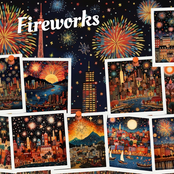 City Fireworks Digital Paper, Paris, Tokio. PNG files scrapbook paper for free commercial use. Junk Journal Paper Crafts, instant download.