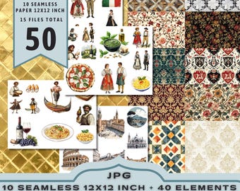 Italian Renaissance Digital Paper: Seamless Designs & Fussy Cuts (JPEG Files)