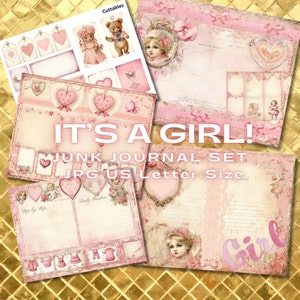Baby meisje pasgeboren baby, Premade Junk Journal afdrukbare halve pagina's, roze Baby Junk Journal Kit, Scrapbooking pagina's Ephemera Tags.