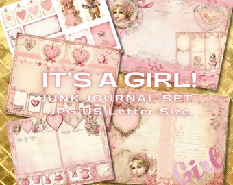 Baby Girl Newborn Baby, Premade Junk Journal Printable Half Pages, Pink Baby Junk Journal Kit, Scrapbooking pages Ephemera Tags.
