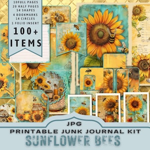 Sunflower and Bees Junk Journal Kit, halve pagina's, volledige pagina's, kaarten, tags, folio, plakboekvoorraad, geel, digitals, afdrukbaar. JPG-download