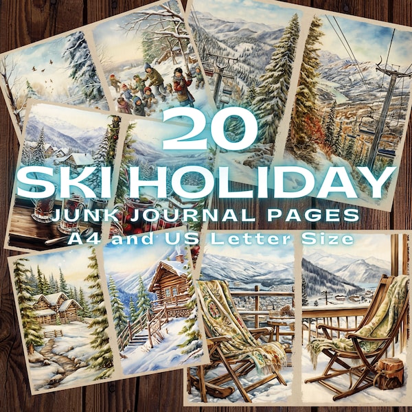 Ski Holiday Junk Journal Pages, A4 and US Letter. 20 printable pages, premade pages, 10 foldable pages. 300dpi Direct Download on Etsy.