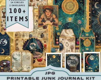 May include: A printable junk journal kit with a fortune teller theme. The kit includes 10 full pages, 20 half pages, 50+ shapes, 4 bookmarks, 14 circles, and 2 envelopes. The images are in a vintage style with a celestial and mystical theme. The kit is perfect for creating a unique and personalized journal.