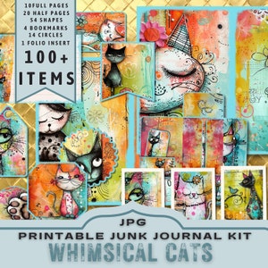 Whimsical Cats Junk Journal Kit, halve pagina's, volledige pagina's, kaarten, tags, folio, plakboekvoorraad, goud, digitals, afdrukbaar. JPG-download