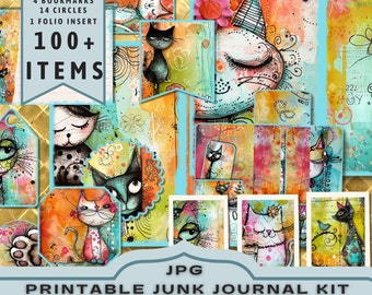 Whimsical Cats Junk Journal Kit, Half pages, Full pages, Cards, Tags, Folio, Scrapbook Supply, Gold, Digitals, Printable. JPG Download