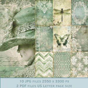 Grüne Hintergrundbilder, Salbeigrün: Schmetterling, Libelle, Oval, Spitze, Chevron, Punkte und Damast. US Letter Größe 300dpi JPEG.