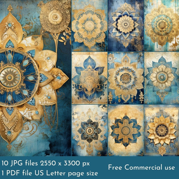 Blue and Gold Mandala Junk Journal Pages. PDF file and   Printable JPEG files. 300dpi. Scrapbook/Junk Journal pages/Card fronts.