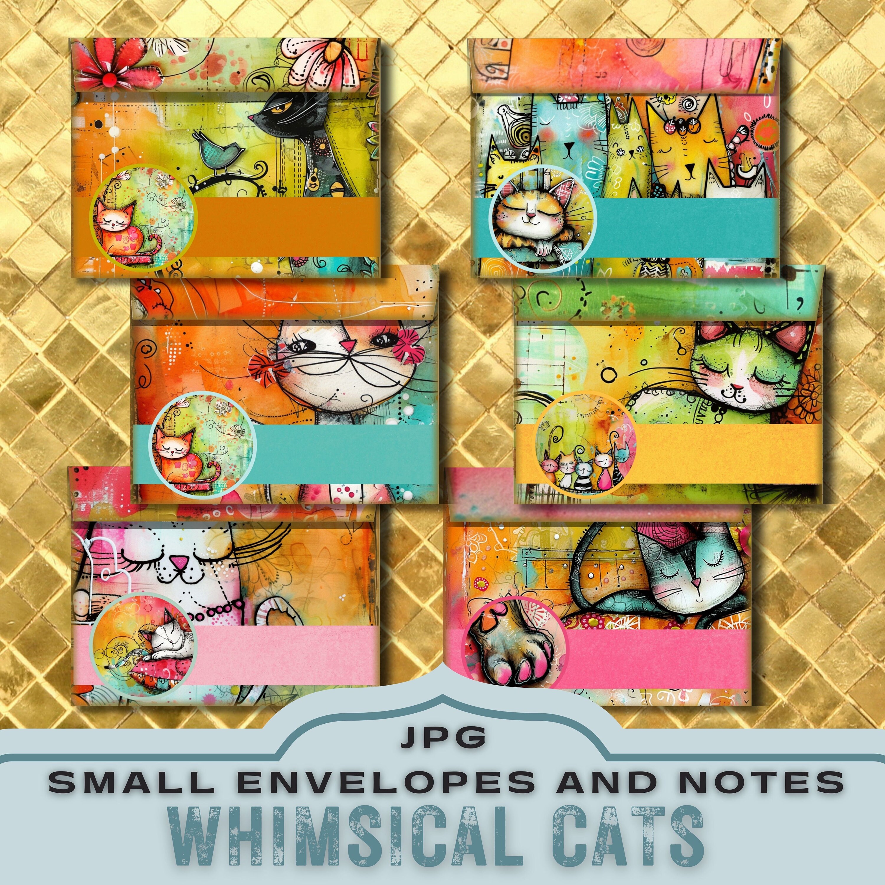 Whimsical Cats Printable Envelopes and Notes, Print and Cut Small ...