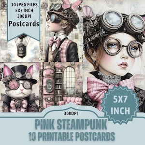 Modèle de carte postale Steampunk : Steampunk rose. Fille, garçon, dirigeable et autres modèles. 10 fichiers JPEG 5 x 7 pouces. 300 dpi téléchargement direct sur Etsy.