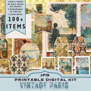 Kit digital vintage Paris, confecção de cartões, kit de diário para impressão. Torre Eiffel, Rio Sena. 30 páginas tamanho carta JPG. Download direto de 300 dpi