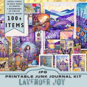 Lavender Joy Junk Journal Kit, Half pages, Full pages, Cards, Tags, Folio, Scrapbook Supply, Gold, Digitals, Printable. JPG Download