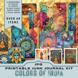 Colors of India Junk Journal Kit, halve pagina's, volledige pagina's, kaarten, tags, folio, plakboekvoorraad, goud, digitaal, afdrukbaar. JPG-download