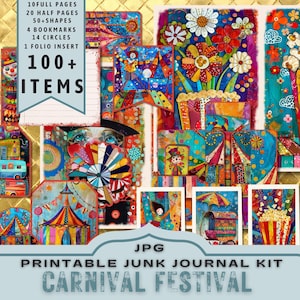 Circusfestival Junk Journal Kit, halve pagina's, volledige pagina's, kaarten, tags, folio, plakboekvoorraad, goud, digitaal, afdrukbaar. JPG-download