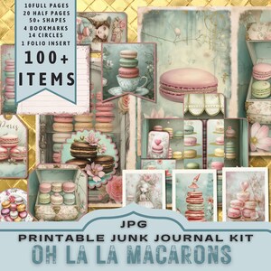 Macarons Junk Journal Kit, grillige Franse cookie halve pagina's, volledige pagina's, kaarten, tags, folio, plakboekvoorraad, goud, JPG-download digitale bestanden