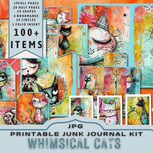 Whimsical Cats Junk Journal Kit: Printable Ephemera and Pages (JPG Download)