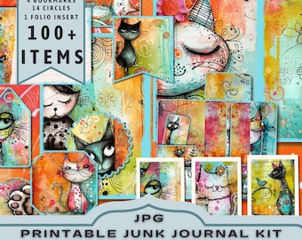 Whimsical Cats Junk Journal Kit: Printable Ephemera and Pages (JPG Download)