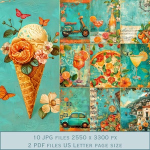 Images d'arrière-plan orange et bleu sarcelle d'été d'Italie. Fichiers PDF et fichiers JPEG imprimables. 300 ppp. Pages de scrapbooking - Pages de journal indésirable - Cartes