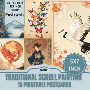 Diseño de postal con pintura tradicional en pergamino: arte asiático vintage. 10 archivos JPEG de 5 x 7 pulgadas. Descarga directa a 300 ppp en Etsy