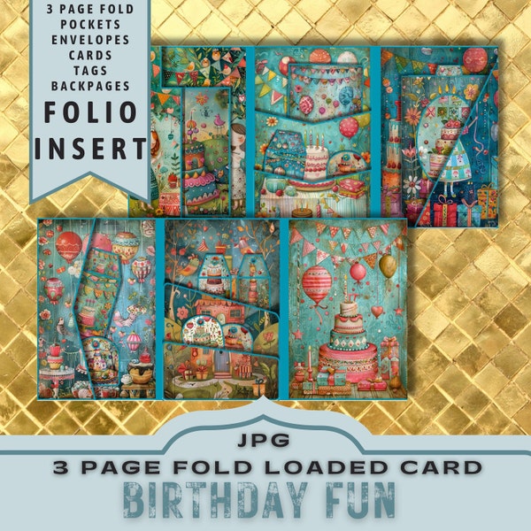 Birthday Fun 3 Page Fold Card Kit, Birthday Folio, Printable Birthday Card, Journal Insert, Ephemera, Digital Folder, JPG Download