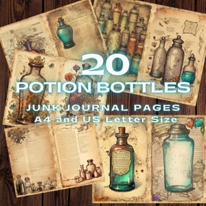 Potion Bottles Junk Journal Pages, Apothecary Bottles printable pages, Vintage Ephemera, 10 foldable pages. Alchemy Potion Recipe Book.
