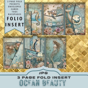 Kit d'insertion de pli de 3 pages Ocean Beauty, folio sirène, océan, ancien encart, éphémère vintage, feuille de collage, grand livre, dossier numérique, JPG