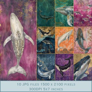 Design de carte postale baleine : art animalier spirituel en bleu, vert, orange, violet, rose. 10 fichiers JPEG 5 x 7 pouces. 300 dpi téléchargement direct sur Etsy.