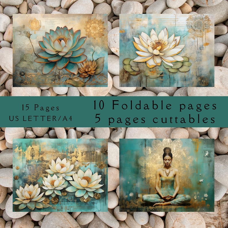 Cuttable Book Lotus Junk Journal Kit: Turquoise & Gold Scrapbook Pages (digital ...